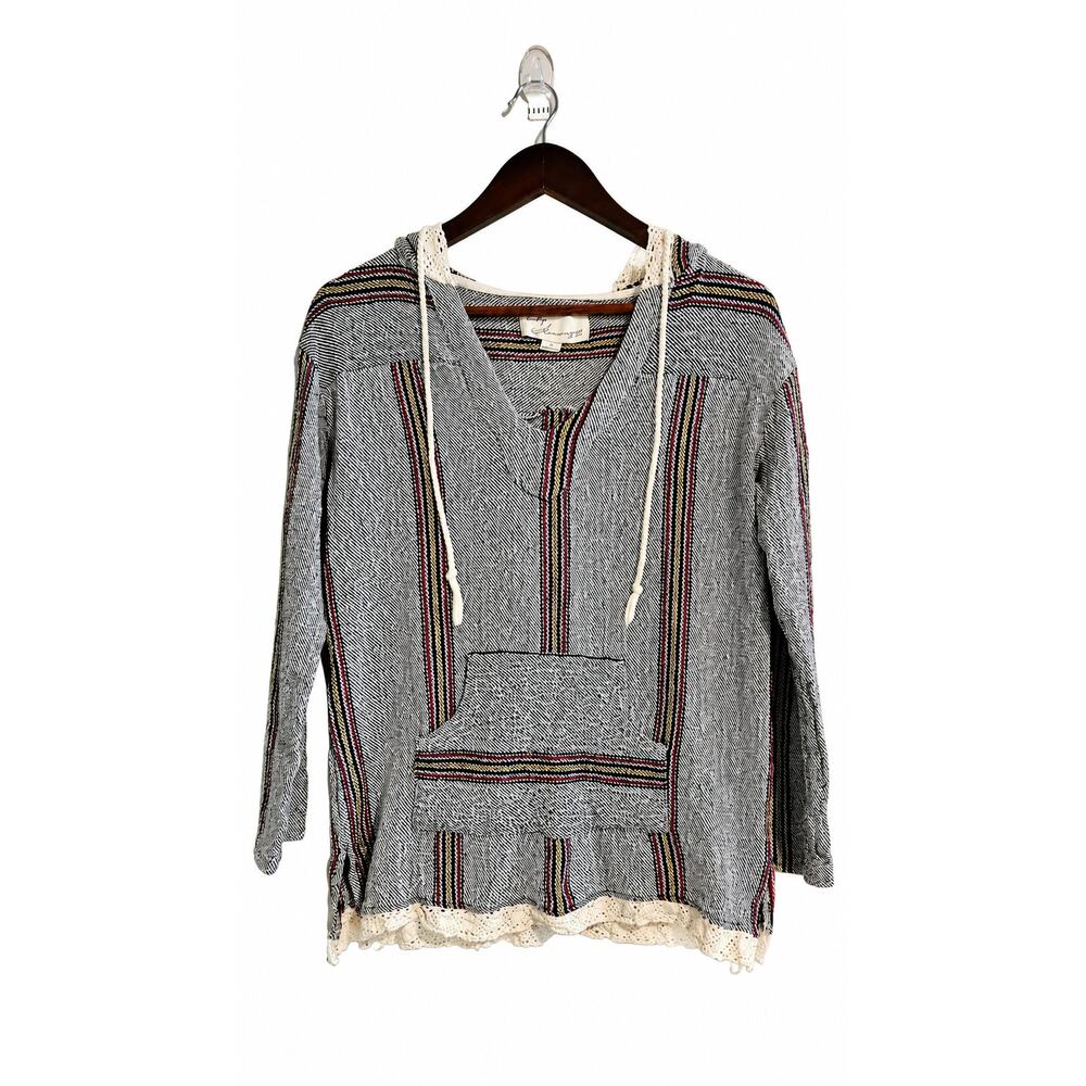 Vintage Havana Baja Hoodie Womens Small 100% Cotton Striped Crochet Trim Boho - Picture 2 of 9